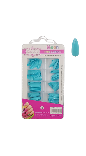 HELLO MINI UNHA POSTIÇA ALMOND C/100 NEON COR AZUL CLARO